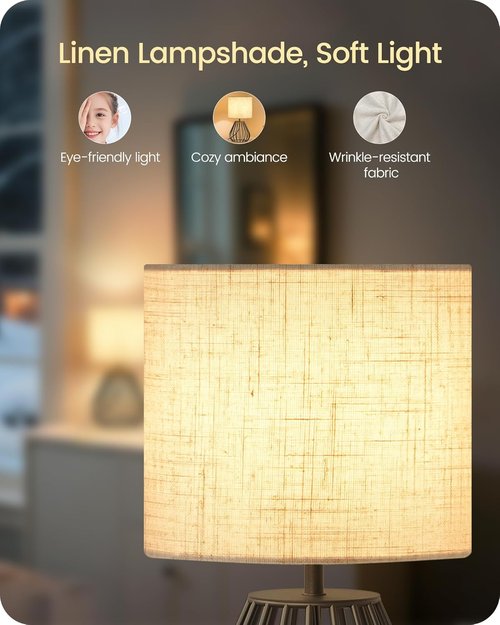 Regine Switzerland Black Table Lamp - Modern Metal Cage Design with Linen Shade | Cozy Nightstand Light, 2700K LED Bulb Included