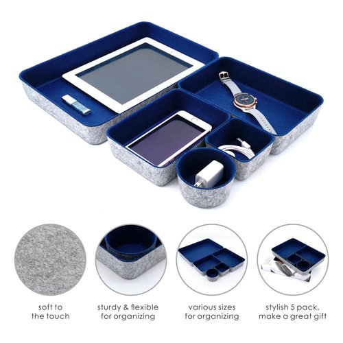 Welaxy Office Desk Drawer Organizer Trays felt Storage bins Paper Letter trays Document File Papers Magazines Sorter Organizing box round 5 piece(Navy )