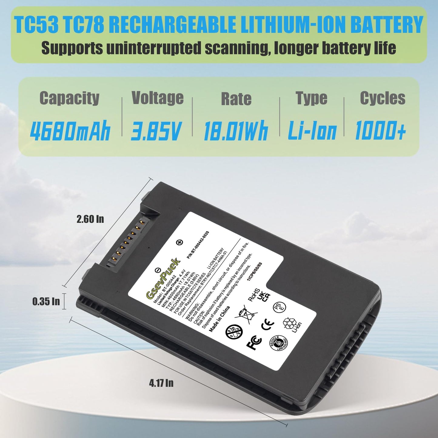 10-Pack TC78 Scanner Battery,BT-000442 for Zebra TC53 TC58 TC73 TC78 TC58E TC58AE TC5301 BTRY-NGTC5TC7-44MA-01 BT-000442-00 Barcode Scanner 4680mAh/3.85v Lithium-ion