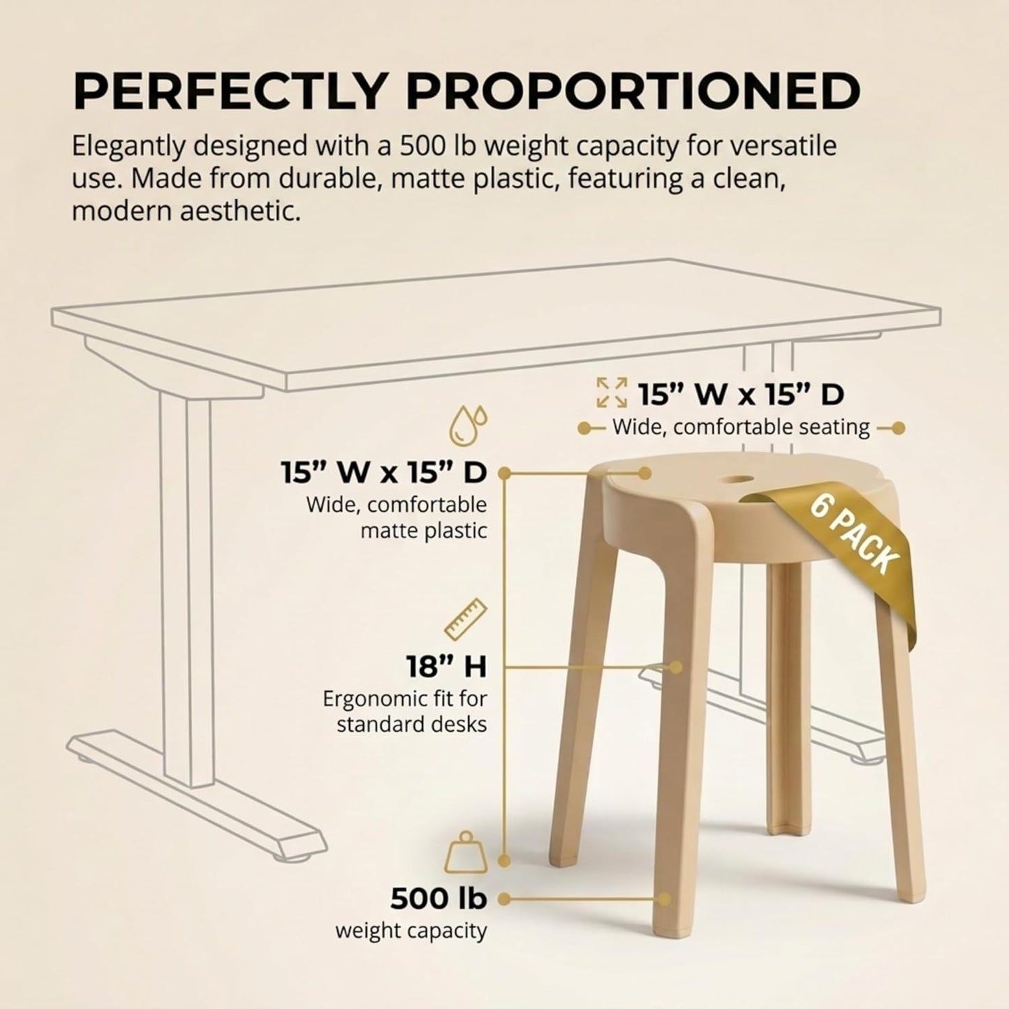 Stackable Stools Set of 6 - Durable Plastic Seating for Classroom & Home Office | 18-Inch Height, Supports 500 lbs | Beige