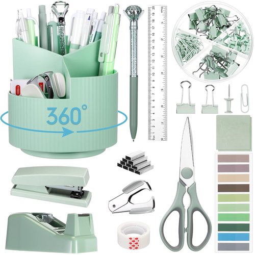 Marspark Sage Green Office Desk Accessories 12 Pcs Office Supplies Set 360° Rotating Pen Holder, Stapler, Tape Dispenser, Scissor, Sticky Notes, Binder Clips, Desk Organizers Gift for Home School