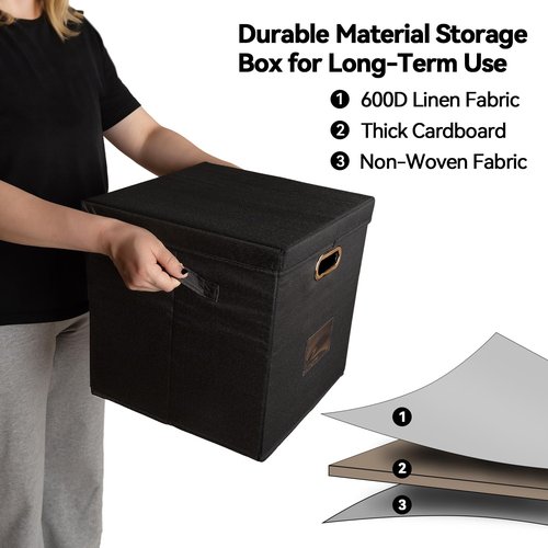 ComfortKeeper 1 Pack Vinyl Record Storage Box with Lid, Holds up to 50 LPs, 12.6"x12.6"x12.6" Durable 600D Polyester Organizer, Sturdy Handles & PVC Label Holder for 12" Records Collection, Black