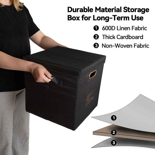 ComfortKeeper 2 Pack Vinyl Record Storage Box with Lid, Holds up to 50 LPs, 12.6"x12.6"x12.6" Durable 600D Polyester Organizer, Sturdy Handles & PVC Label Holder for 12" Records Collection, Black