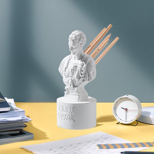 Surlama Julius Caesar Pencil Holder, 7.87" Resin Bust Statue with Back Stabbed Holes, Roman Desk Organizer