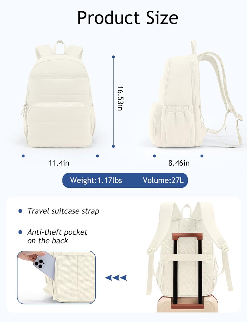 Uselike Travel Backpack for Women, 15.6 Inch Laptop Backpack, Quilted College Bookbag, Cute Work Backpacks, Water Resistant (Beige)