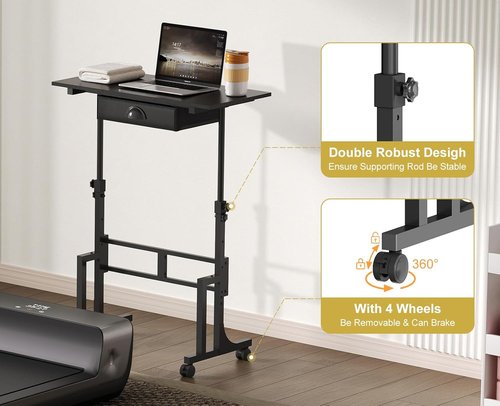 Skiennix Adjustable Height Standing Desk - Rolling Sit-Stand Desk with Drawer & Wheels, Black