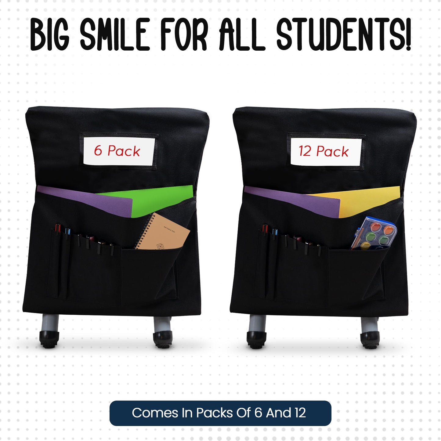 Essex Wares - Pack of 12 Chair Pockets for Classrooms Black 17" Wide x 19.7" Tall - Spacious Student Chair Pockets - Chairback Pocket Chart - Classroom Chair Pockets Suitable for Most Classroom Chairs