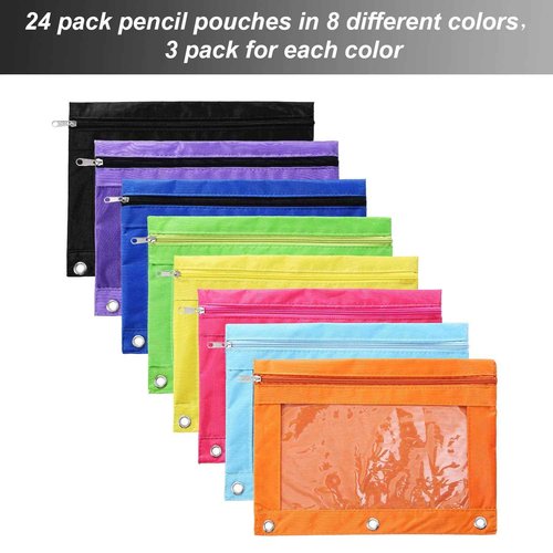 Boao 60 Pcs Pencil Pouch for 3 Rings Binder Pencil Bags Bulk with Zipper Colorful Case Stationery Bag with Clear Window for Office Supplies