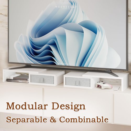 TEAMIX Dual Monitor Stand Riser - Length and Angle Adjustable White Monitor Stand with 2 Drawers to Storage Large Computer Riser for 2 Monitors/Laptop/PC, Wood Screen/TV Stand Desk Organizer (White)