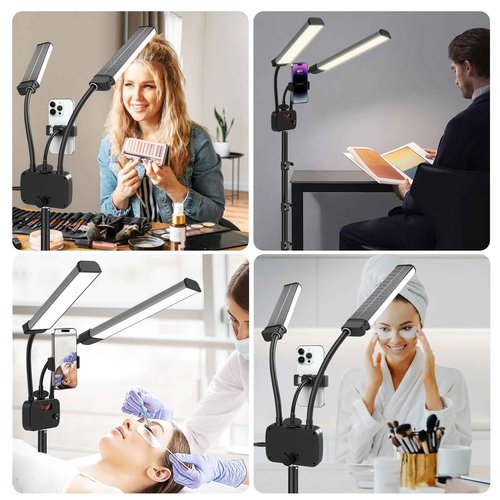 BeeMingle Selfie Light with 75'' Tripod Stand, Dimmable 3 Color LED Dual Arms Ring Light with Phone Holder & Carry Bag for Lash Tattoo Video Photography 45W 95CRI Tripod Floor Lamp