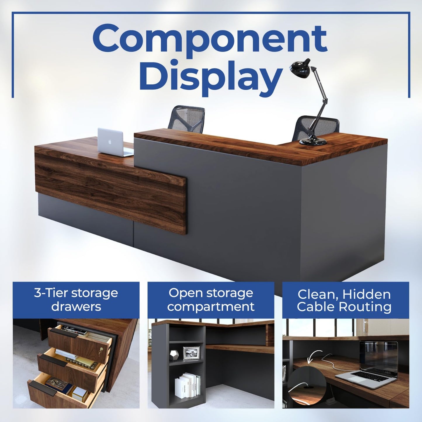 OfficeSimpli L Shaped Reception Desk with Counter - 78.5x40.5x42 Inch - Made in USA, Ship Mostly Assembled, L Shape Front Desk Reception Counter with Shelf Storage, Lockable Drawers for Office & Lobby