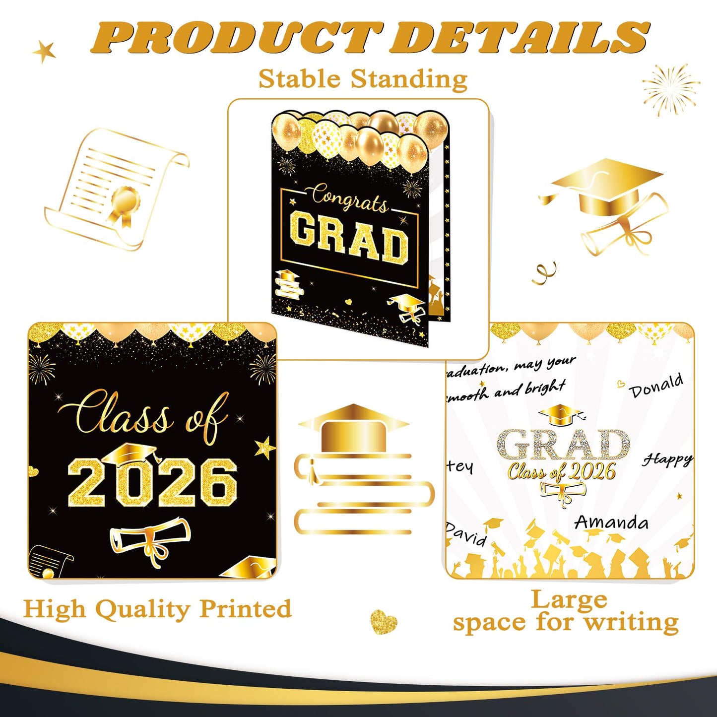 Jumbo Graduation Card Guest Book with Envelope, Class of 2026 Big Folded Congrats Grad Signature Card for Graduation Party Decorations, Large Greeting Card for High School College Graduates Black Gold