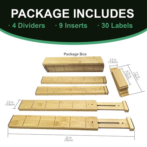 MAGIC BAMBOO 4 Pack Bamboo Drawer Dividers with Inserts and Labels – Adjustable Kitchen Drawer Organizers, Expandable Storage Solutions for Home, Office, Dressers (17-22 Inches)