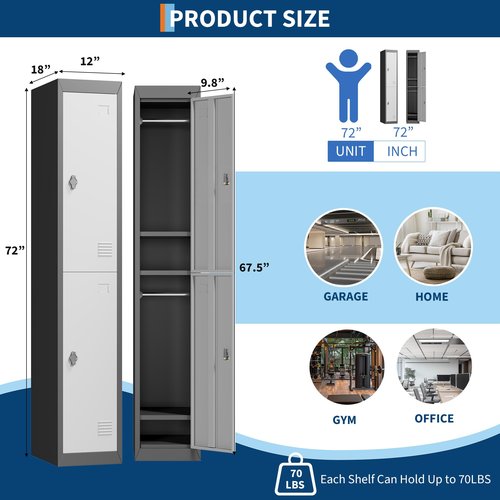 Metal Storage Cabinet with 2 Doors, 72’’ Tall Lockers for Employees Students with Shelves, Metal Storage Steel Locker for School Garage Office Gym Home Warehouse, Assembly Required, Grey+Black