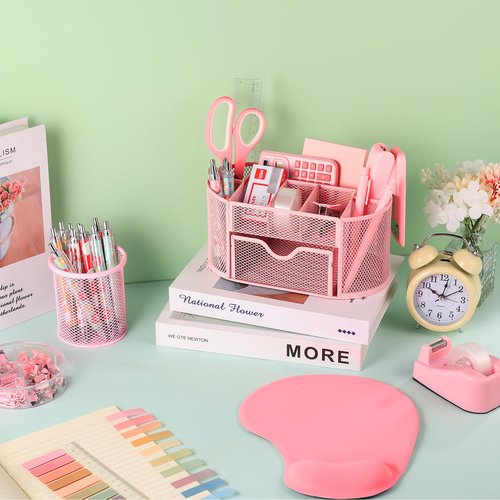 VAIPI 17 in 1 Pink Office Supplies Set Desk Organizers and Accessories with Mouse Pad, Calculator, Stapler, Tape Dispenser, Staples, Scissors, Pens, Sticky Notes, Page Markers for Office School Home