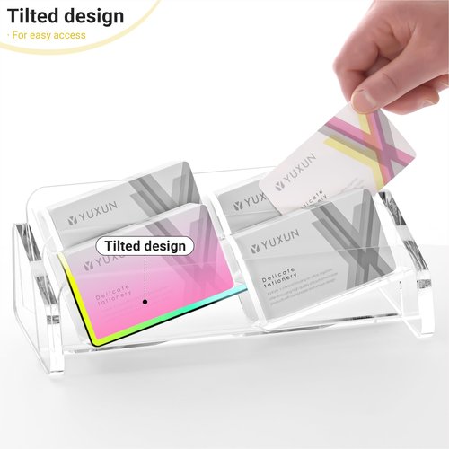 YUXUN Horizontal Business Card Holder,Acrylic Business Card Stand for Desk ,Clear Cards Display Holder for Exhibition Home Office ,Slanting Name Card Stand,200 Cards Capacity,2 Tier4 Slots