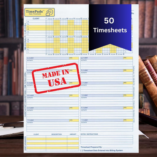 "Check-The-Box" Time Sheets for Lawyers. Effortless Timekeeping for Attorneys. (Pad of 50 Time Sheets). 8.5x11". Made in USA.