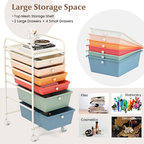 COSTWAY 6-Drawer Rolling Storage Cart, Multifunctional Art Craft Tools Organizer on Wheels, Heavy Duty Utility Mobile Storage Trolley w/ 2 Lockable Wheels for Home Office School, Macaron