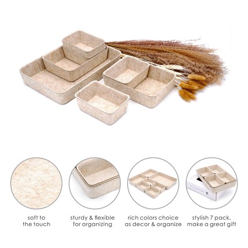 Welaxy Office Drawer organizers felt storage bins Shallow Small Desk trays Draw dividers Nordic Lifestyle Natural Scandinavian-chic style 7-piece (Oatmeal)