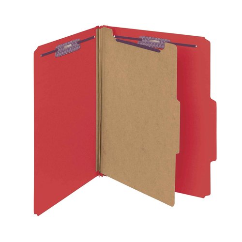 Smead Pressboard Classification File Folder with SafeSHIELD Fasteners, 1 Divider, 2" Expansion, Letter Size, Bright Red, 10 per Box (13731) (Pack of 1)