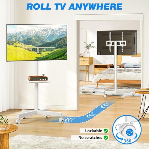 Rfiver Mobile TV Stand - Rolling Floor Stand for 23-60 Inch TVs | Adjustable Shelf & Tilt, White