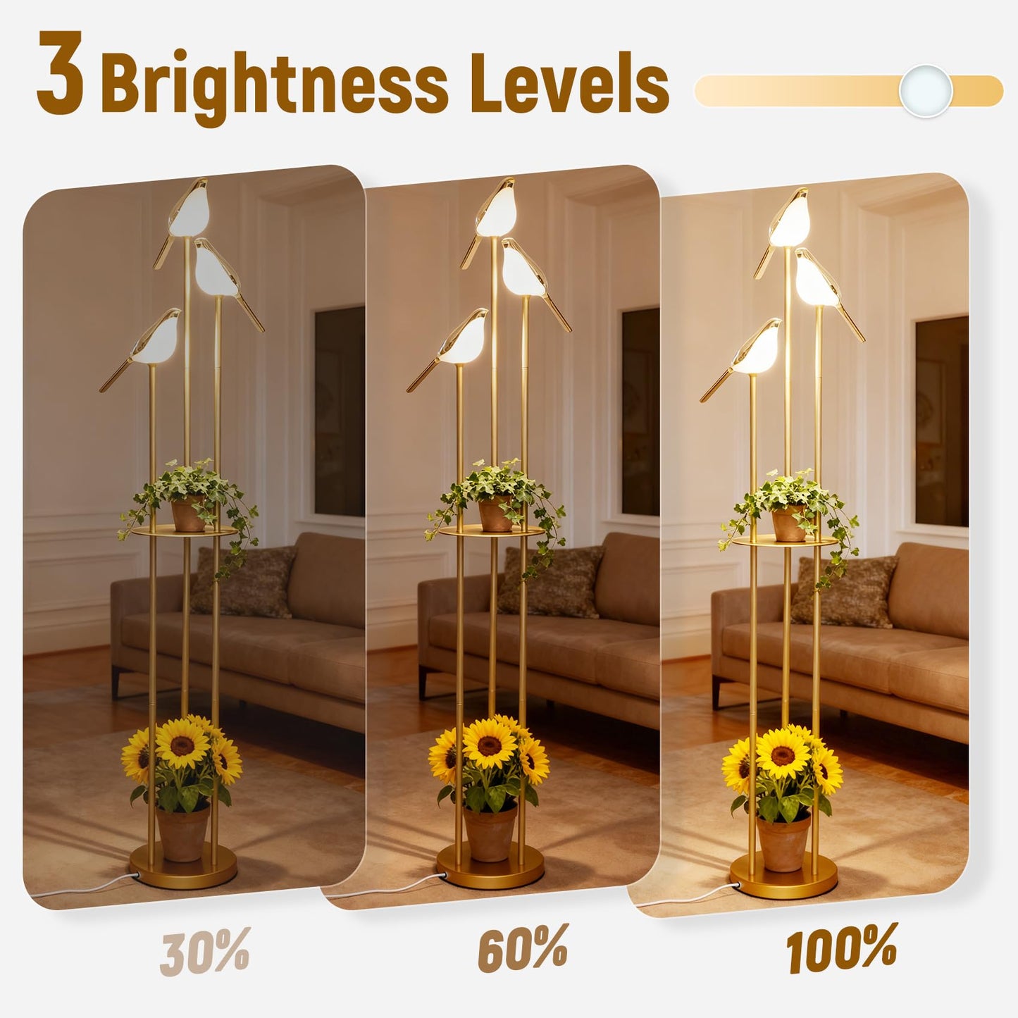Deerift 𝑼𝒑𝒈𝒓𝒂𝒅𝒆 Unique Gold Floor Lamps for Living Room, with 3 Adjustable LED Bird Lights and Storage Shelf, Brightness Adjustable, Stand up Lamp for Bedroom Kids Room Office