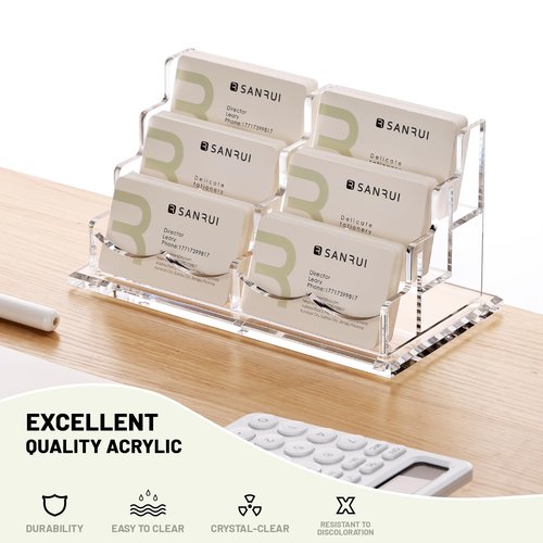 Acrylic Business Card Holder for Desk, Clear Display Stand with 6 Slots, 3-Tier Horizontal Name Card Stands, Office Desk Organizer for Women & Men , Holds 50 Cards Each Pocket