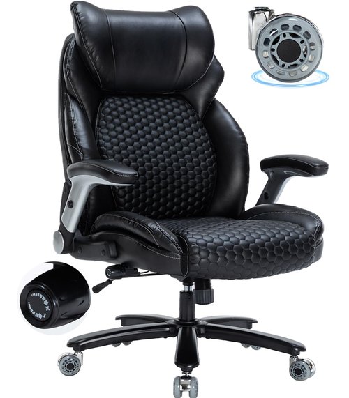 Big and Tall Office Chair, 500lbs Leather Executive Office Chair with Flip-up Arm, Heavy Duty Desk Chair with Adjustable Lumbar Support, Ergonomic High Back Computer Chair for Home, Quiet Rubber Wheel