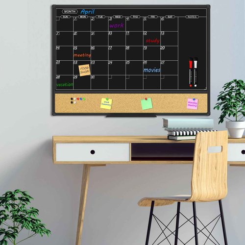 JILoffice Magnetic Black Calendar Dry Erase Board & Bulletin Board Combo, 36 x 24 Inch Dry Erase Board for Liquid Chalk Markers, Black Aluminum Frame for Office Home and School with 10 Push Pins