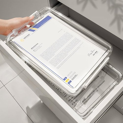 mekueeex 4 Packs File Box Clear Portable Project Case with Handle Plastic Stackable Paper Storage Box Document Magazines File Boxes Holder for A4 Letter File Scrapbook Storage Photo Protector Case