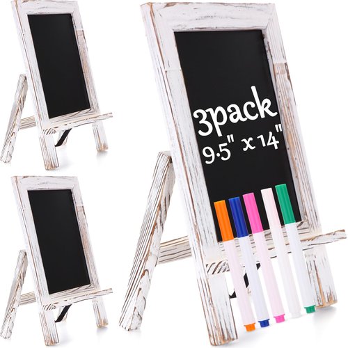 Harloon 3 Pack Office Framed Tabletop Chalkboard Sign 9.5" x 14"Rustic Wood Tabletop Chalkboard with 5 Chalk Marker Countertop Memo Board for Wedding Kitchen Birthday Café Bar Décor (White)