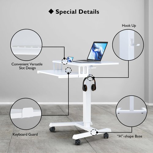 BONTEC Mobile Standing Desk with Keyboard Tray, Mobile Podium, Computer Workstation Up to 33lbs, Laptop Sit or Stand Desk on Wheels, Height Adjustable Stand Up Table for Living Room, Bedroom, White