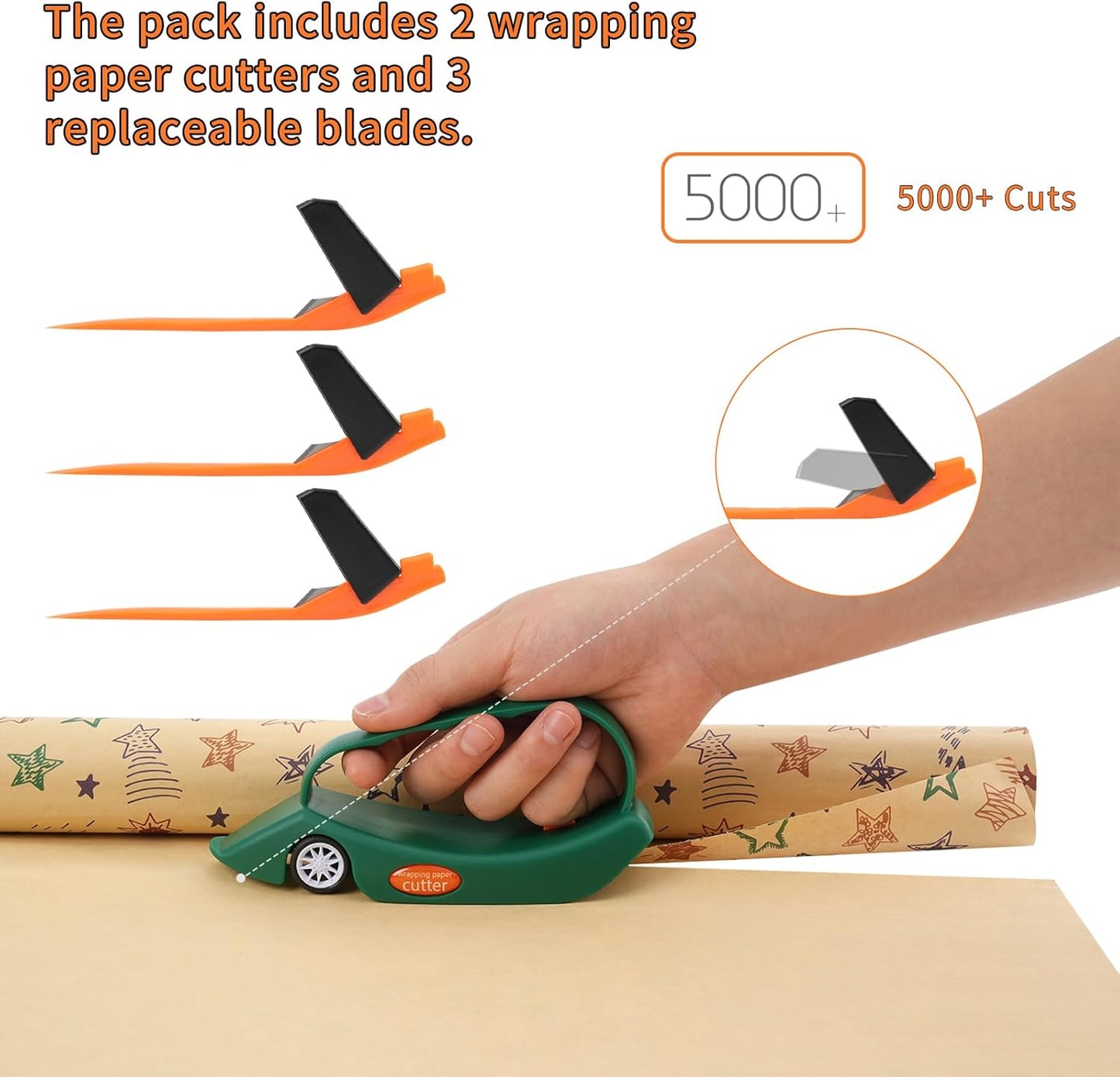 LIZAAL 2-Pack Wrapping Paper Cutter with 3 Replaceable Blades | New Gift Wrap Cutter with Wheels | Birthday and Christmas Wrapping Paper Cutter Slider for Home, Office or Classroom (Black & Green)