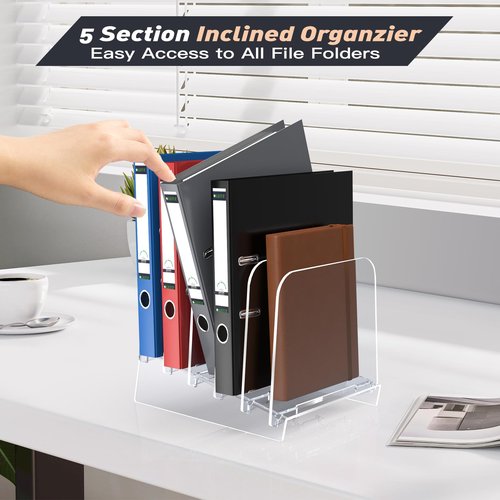 POCFOINY File Holder File Sorter, Vertical File Organizer for Desk, Desk Top File Folder Organizer Stand, Acrylic File Rack File Folder Holder, 5 Sections Clear File Stand for Office, School, Home