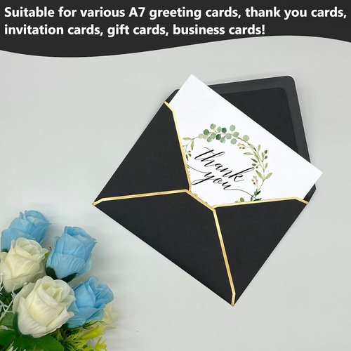 Regine Switzerland 50 Pack 5x7 Self-Adhesive Envelopes - Gold Border V-Flap for Invitations & Cards (Black)