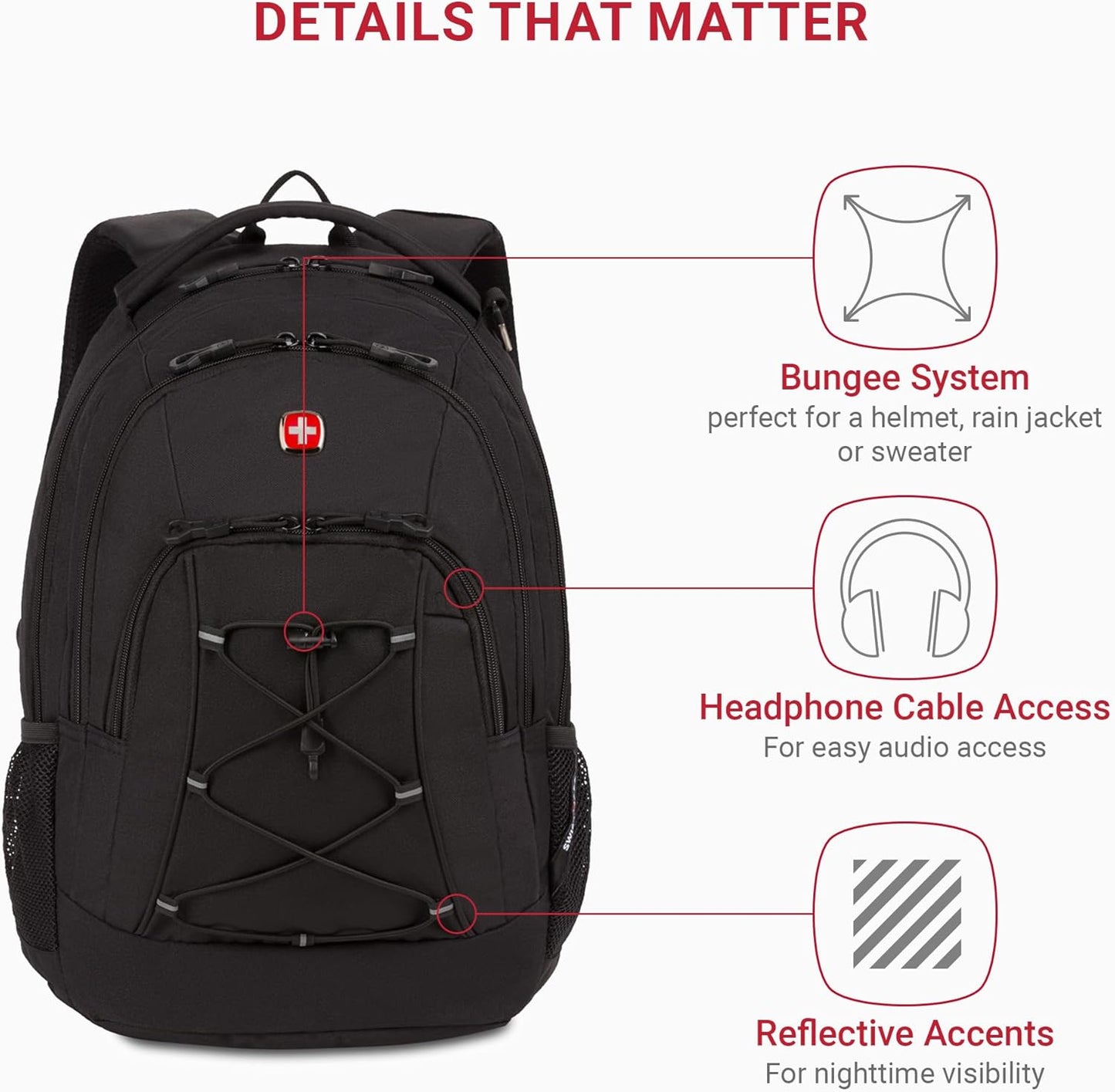 SwissGear 1186 Special Edition 13” Laptop Backpack - Compact Black Tech Bag with Reflective Accents & Organizer Pockets