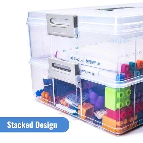 AZAZA 2-Layer Plastic Storage Box with Lid & Handle - Portable Transparent File Box for Organizing Photos, A4 Paper, Documents, Scrapbook, Art & Craft & Makeup | Paper & Art Supply Storage Organizer