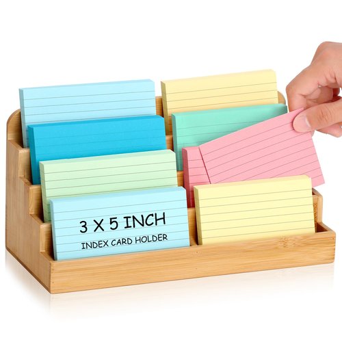 SHIQIKEJIPTY 4 Tier Index Card Display Holder 3x5 Inch Index Card Organizer Wood Sticky Note Holder Business Card Display Stand 8 Pockets for Desktop 600 Sheets Capacity 11X5X5 Inch