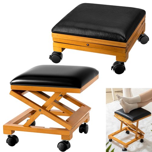 CroBlissful 2 Pack Rolling Adjustable Foot Rest Foldable Under Desk Ottoman with Wheels Leather Foldaway Guitar Foot Stool for Home Office Living Room Bedroom