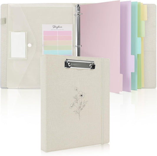 SKYDUE Clipboard Binder - 1 Inch 3 Ring Organizer with Front Clipboard & Dividers | Beige