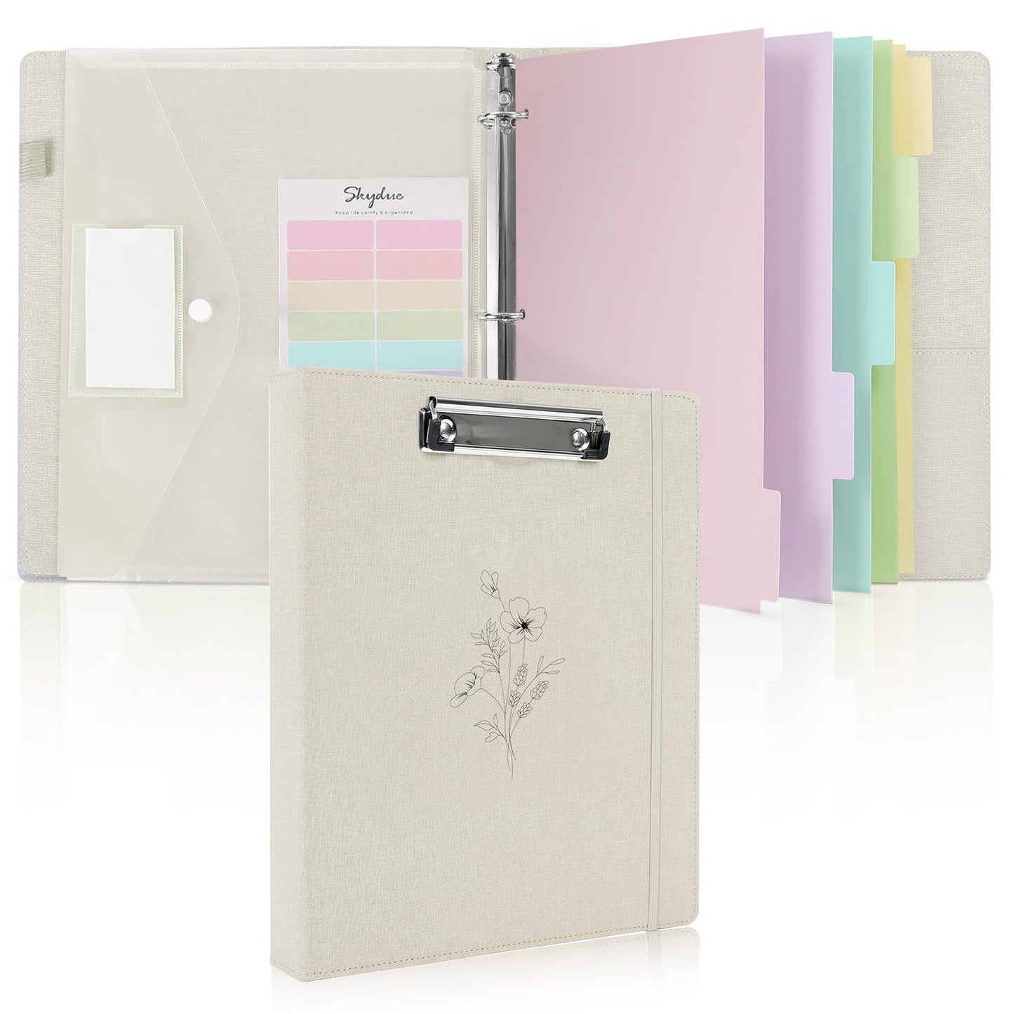 SKYDUE Clipboard Binder with Dividers,1 Inch 3 Ring Binder with Clipboard on Front for Organizer, Clipboard Folder with Pocket, Labels Office Supplies Beige