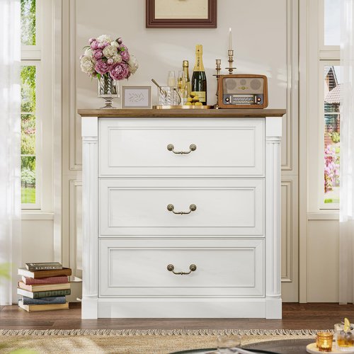 3 Drawer File Cabinet, Farmhouse Filing Cabinet for Letter/Legal Size, Wooden Extended Desktop, Wood Lateral File Cabinets with Printer Stand for Home Office, Framed Drawer Fronts, Antique White