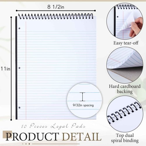 MotiMind 10 Packs 8.5" x 11" Top Spiral Notebook with 3 Hole Punched Legal Pads College Ruled Notepad 50 Sheets Hard Cardboard Paper Wirebound Notepad for Office School Business (White)