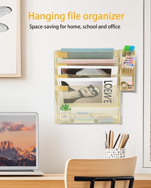 Spacrea Wall Hanging File Organizer, Gold Desk Organizers and Accessories, 5-Tier Mesh Wall Mail Organizer, Paper Document Magazine Rack with 3 Pen Holder for Office Home School