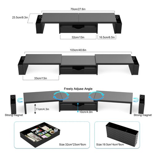 Spacrea Metal Desk Organizers and Accessories, Dual Monitor Stand Riser with Drawer and 2 Pen Holders, Desk Accessories & Workspace Desktop Organizers for Office Supplies (Black)