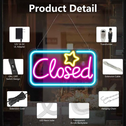 Neon Closed Signs for Business, 16.5''x 9'' Closed Sign LED, Super Bright Closed Neon Sign(Yellow&Red&Blue), with ON/OFF Switch & Adapter, Ideal for Window, Wall, Bars, Retail Store, office, etc.