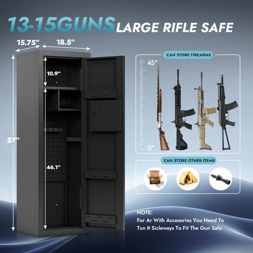 Xyvaly 13-15 Biometric Gun Safe for Rifles and Pistols Fingerprint Gun Safe with Adjustable Gun Racks Gun Safes for Rifles with Adjustable Shelves Heavy Duty Rifle Safes for Home