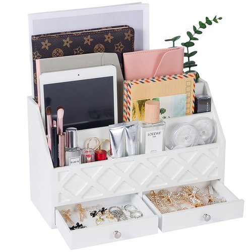 Yanzewon White Wooden Desk Organizer with 5 Compartments and 2 Drawers, Multifunctional Desk Supplies Organizer for Home Office School, Accessories Workspace Organizer and Storage
