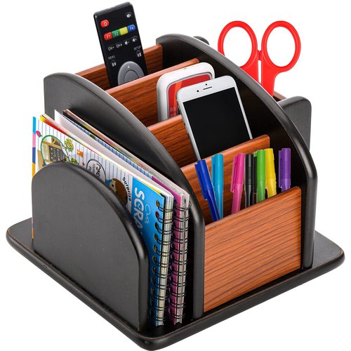 DEAYOU Wood Rotating Remote Caddy, Spinning Remote Control Holder for Table, 6-Compartment Wooden Revolving Office Supplies Desktop Storage Organizer for Pen, Pencil, Mail, Desk, Home, Living Room