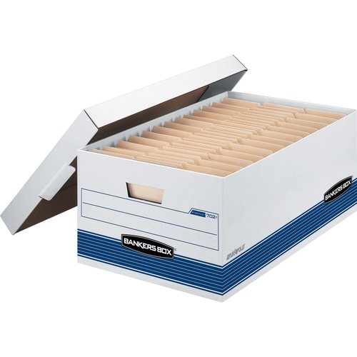 Bankers Box 12 Pack STOR/FILE Medium-Duty File Storage Boxes, FastFold, String and Button, Legal, White/Blue